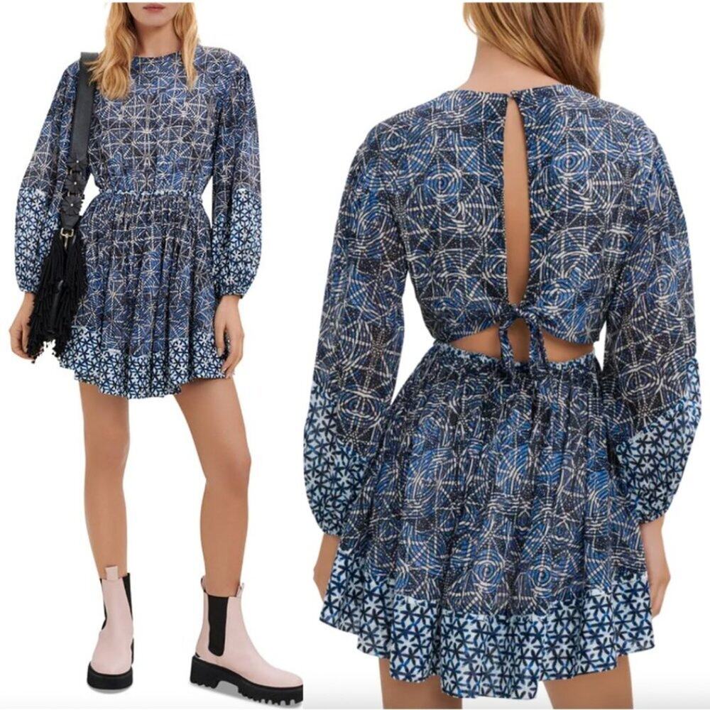 Maje Rissogo Blue Printed Tie-back Cotton Mini Dress